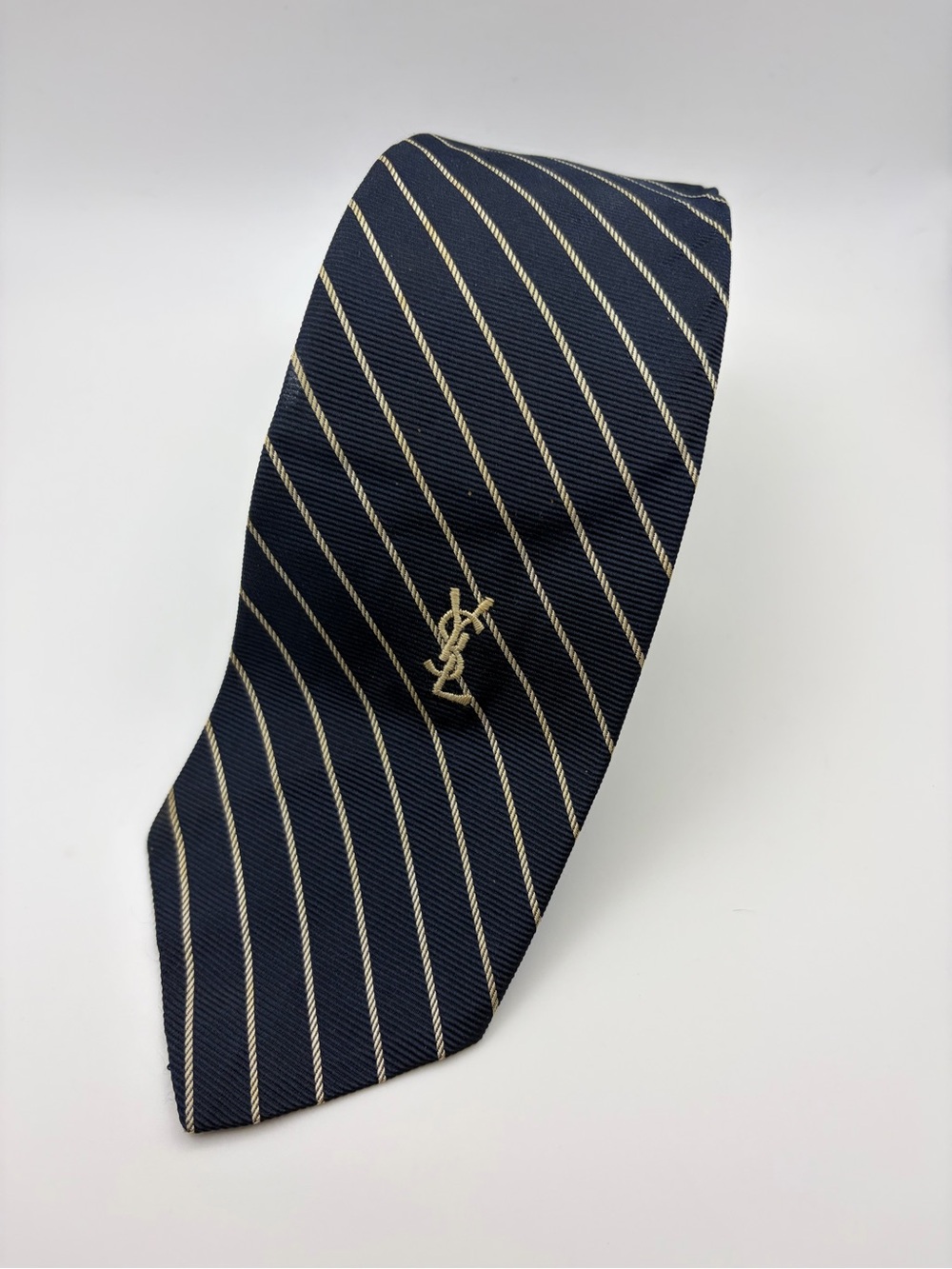 Vintage Yves Saint Laurent YSL Silk Tie Navy Cream Stripe Logo Necktie